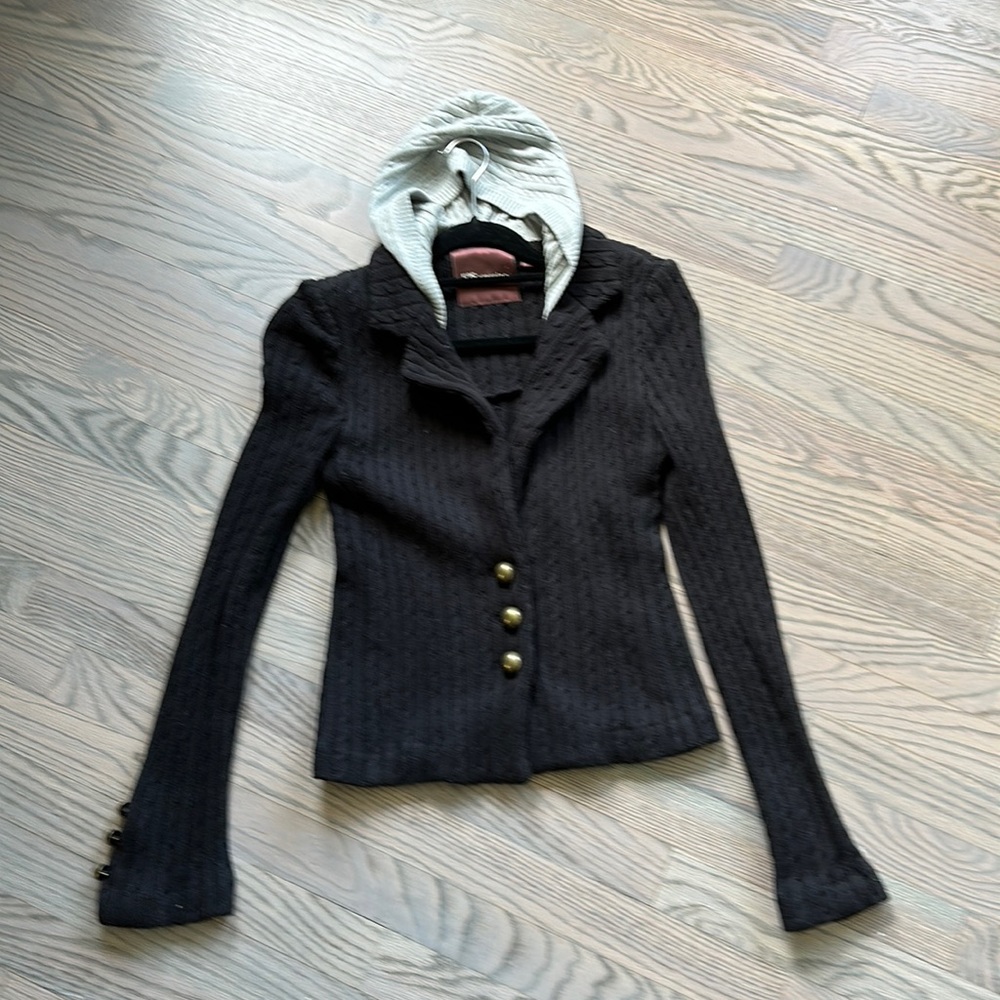 525 black sweater knit blazer style with gray hoodie and brass buttons